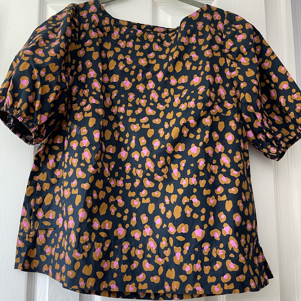 J. Crew Navy Leopard Print Puff Sleeve Blouse